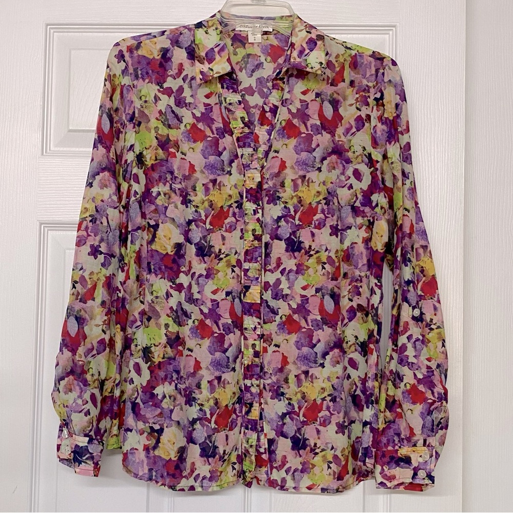 Coldwater Creek Silk Blend Colorful Floral Print Button Pleated Front Blouse S